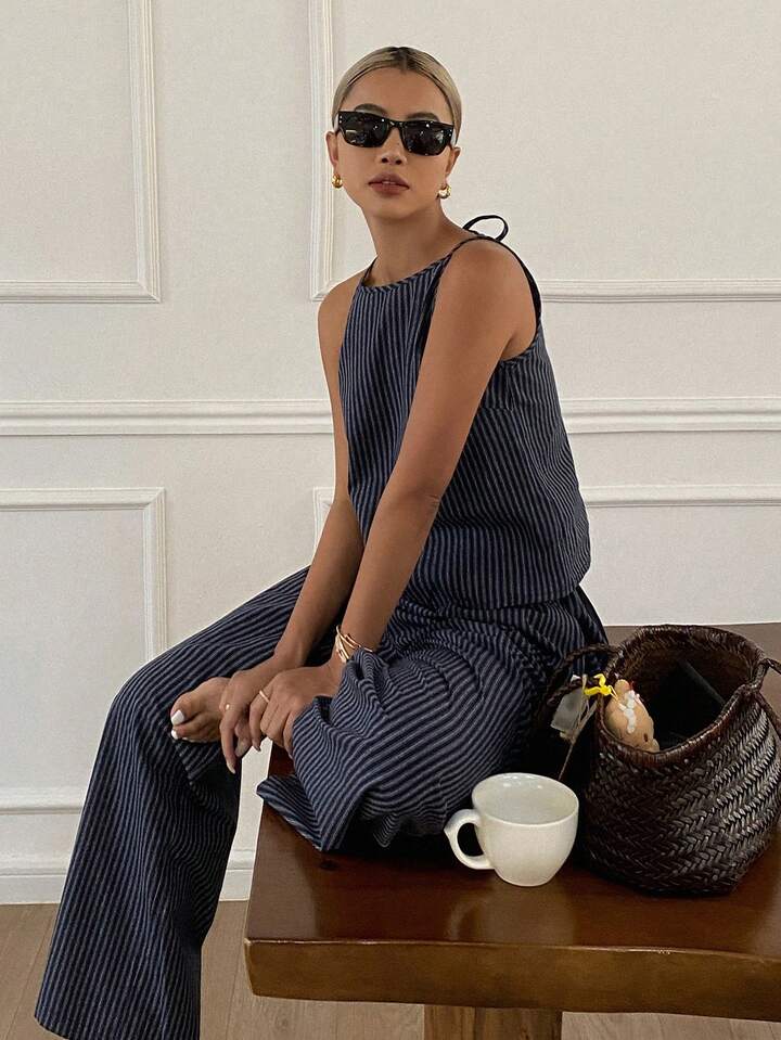 Casual & Chic Navy Blue Striped Matching Set