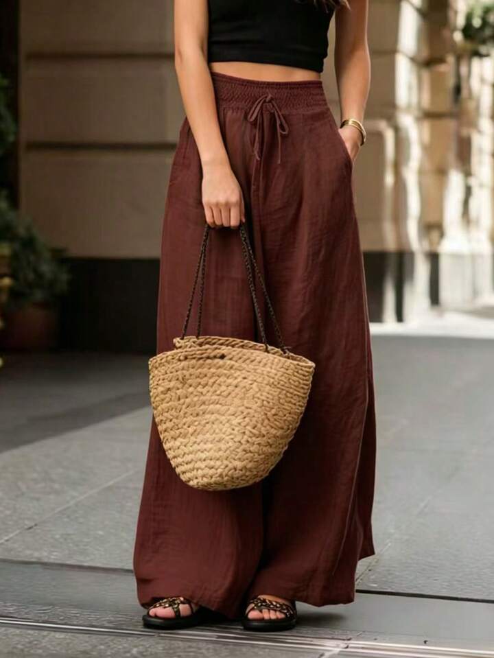 Casual Style Elastic Waist Wide Leg Pants