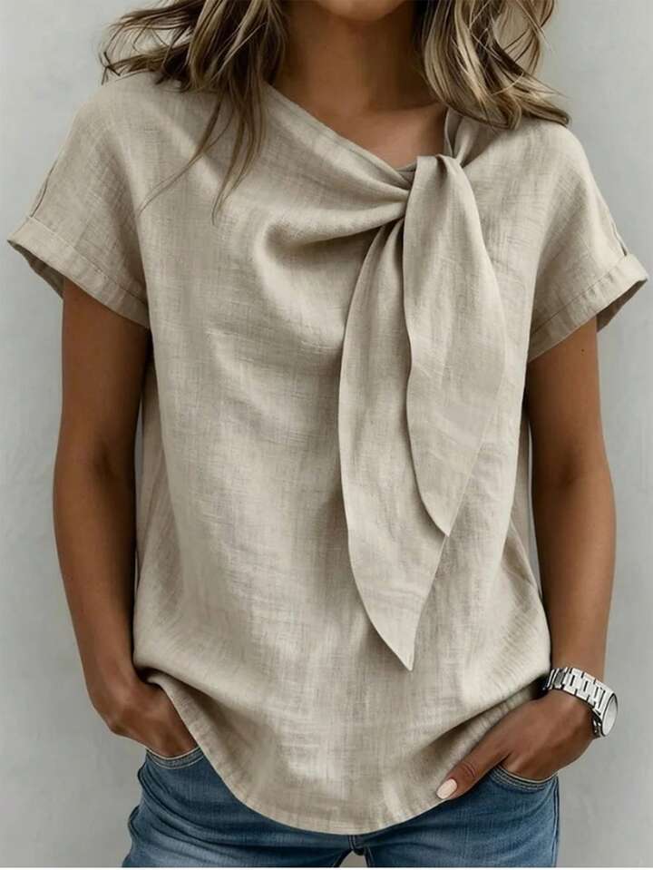 Lightweight Neutral Top with Sophisticated Tie-Neck Accent