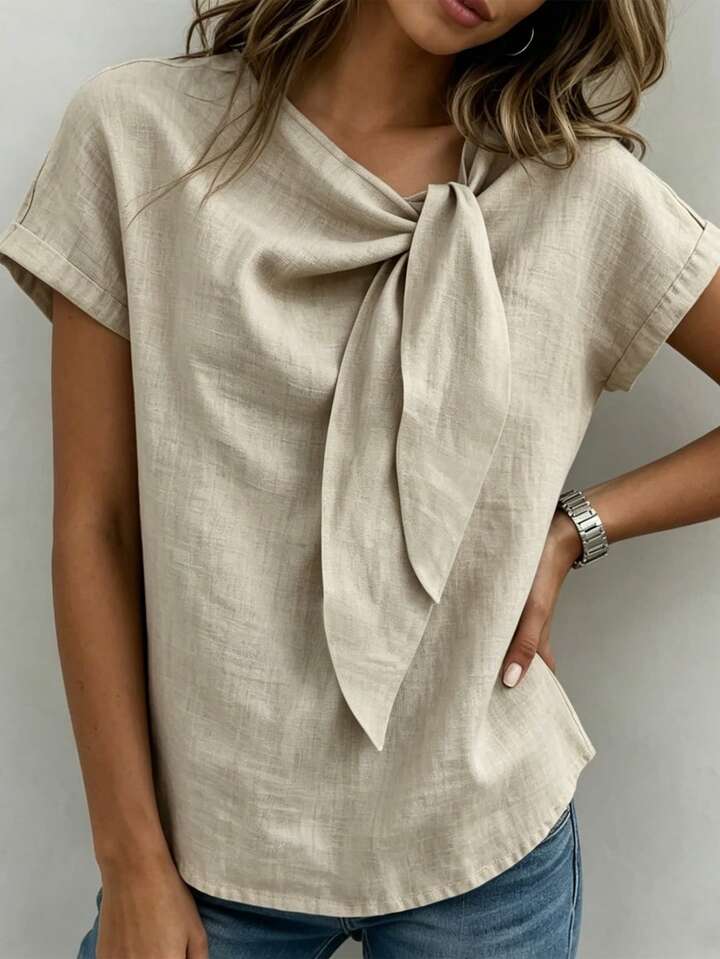 Lightweight Neutral Top with Sophisticated Tie-Neck Accent