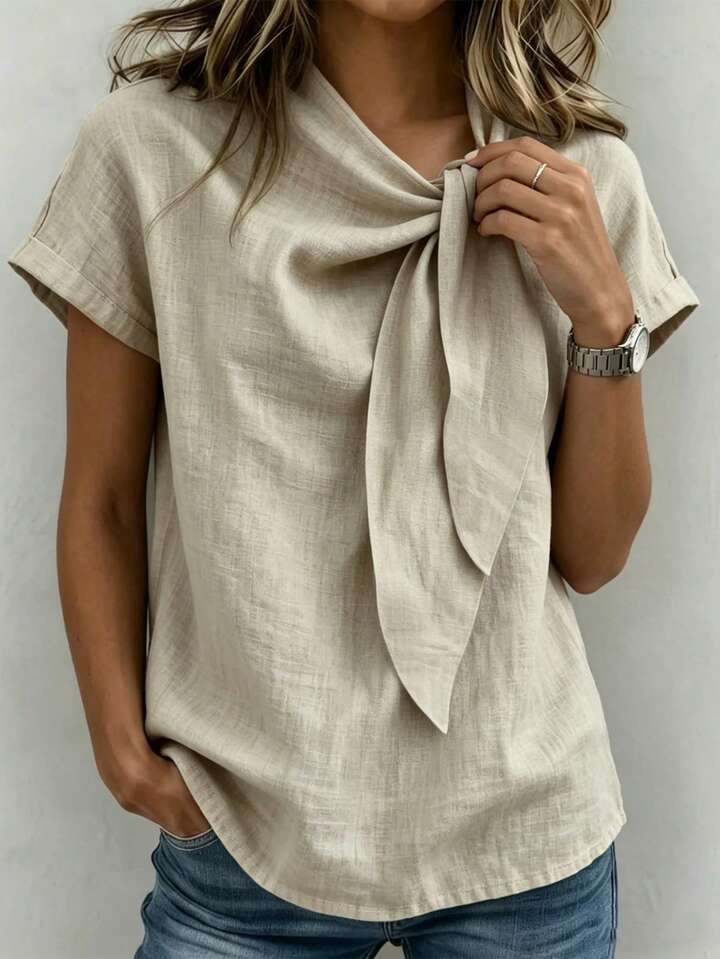 Lightweight Neutral Top with Sophisticated Tie-Neck Accent