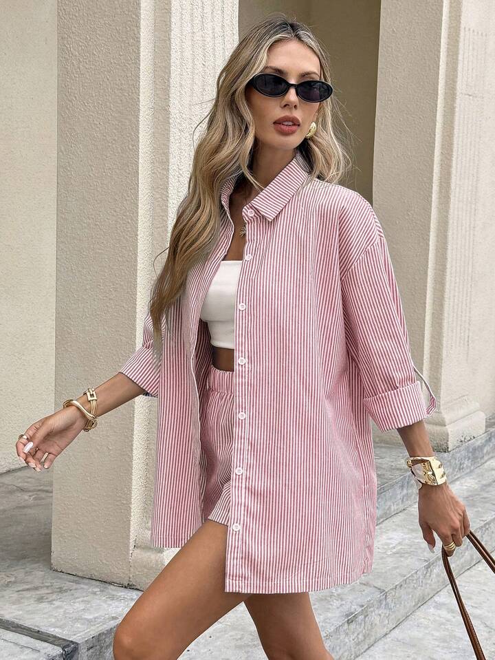 Hamptons Stripe Shirt & Skort Set – Relaxed Button-Up Co-Ord for Effortless Coastal Chic