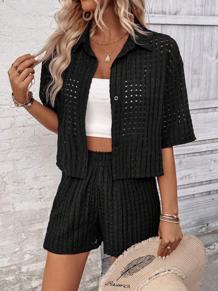 Textured Button-Up Shirt & Drawstring Shorts Co-Ord for Effortless Summer Style