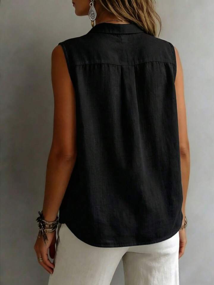 Quiet Luxury Button-Up Top – Minimalist Sleeveless Blouse for Timeless Wardrobe Staples