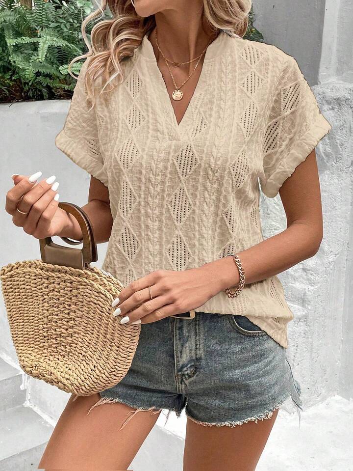 V-Neck Top with Intricate Openwork Details
