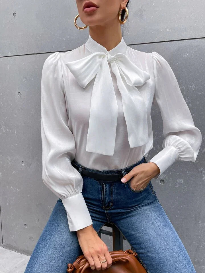 French Style Tie Neck Puff Sleeve Satin Blouse