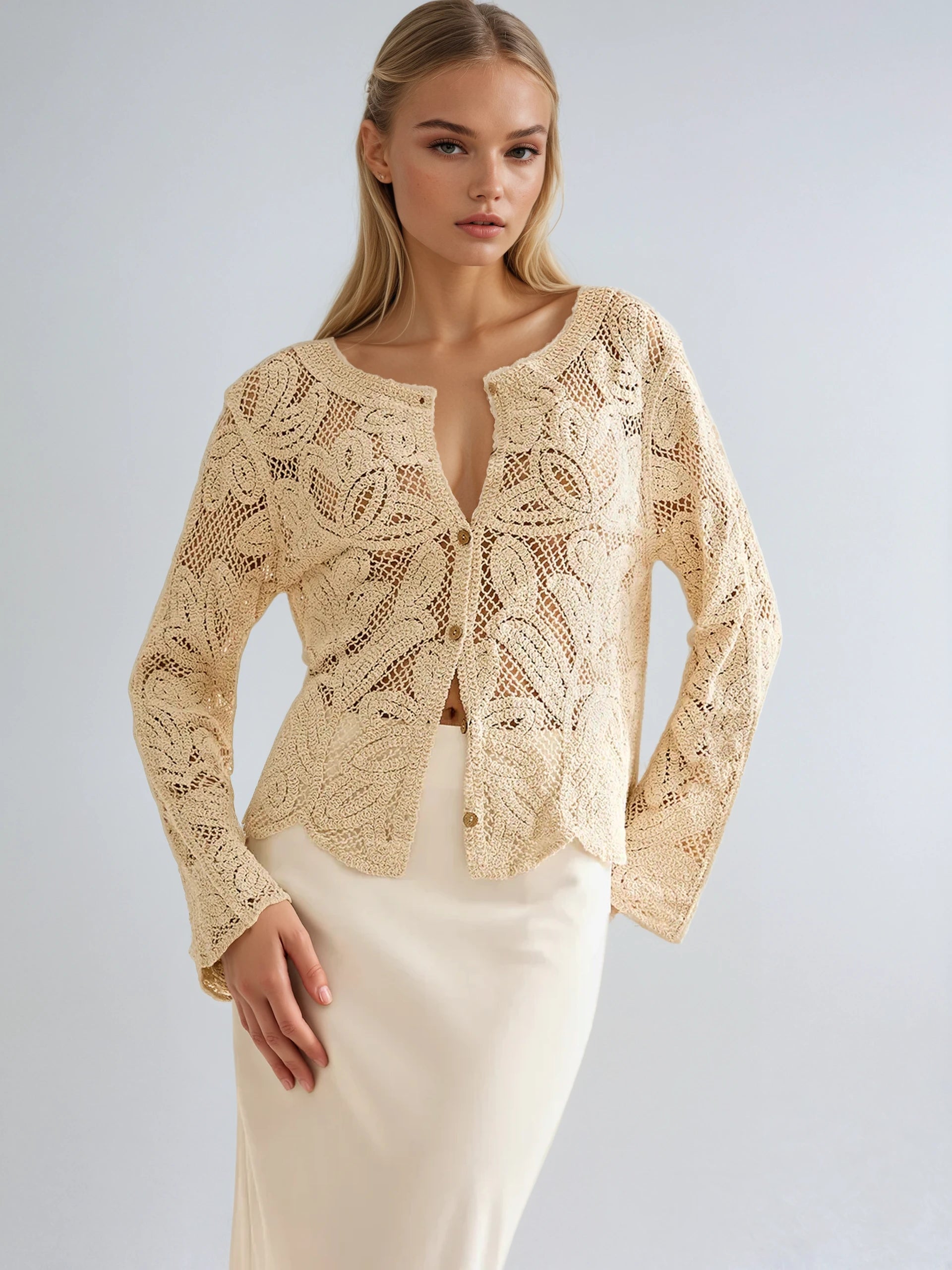 Fashion Elegant White Round Neck Hollow Embroidered Top Single Row Multi-buckle - LA FEMME WANDERER