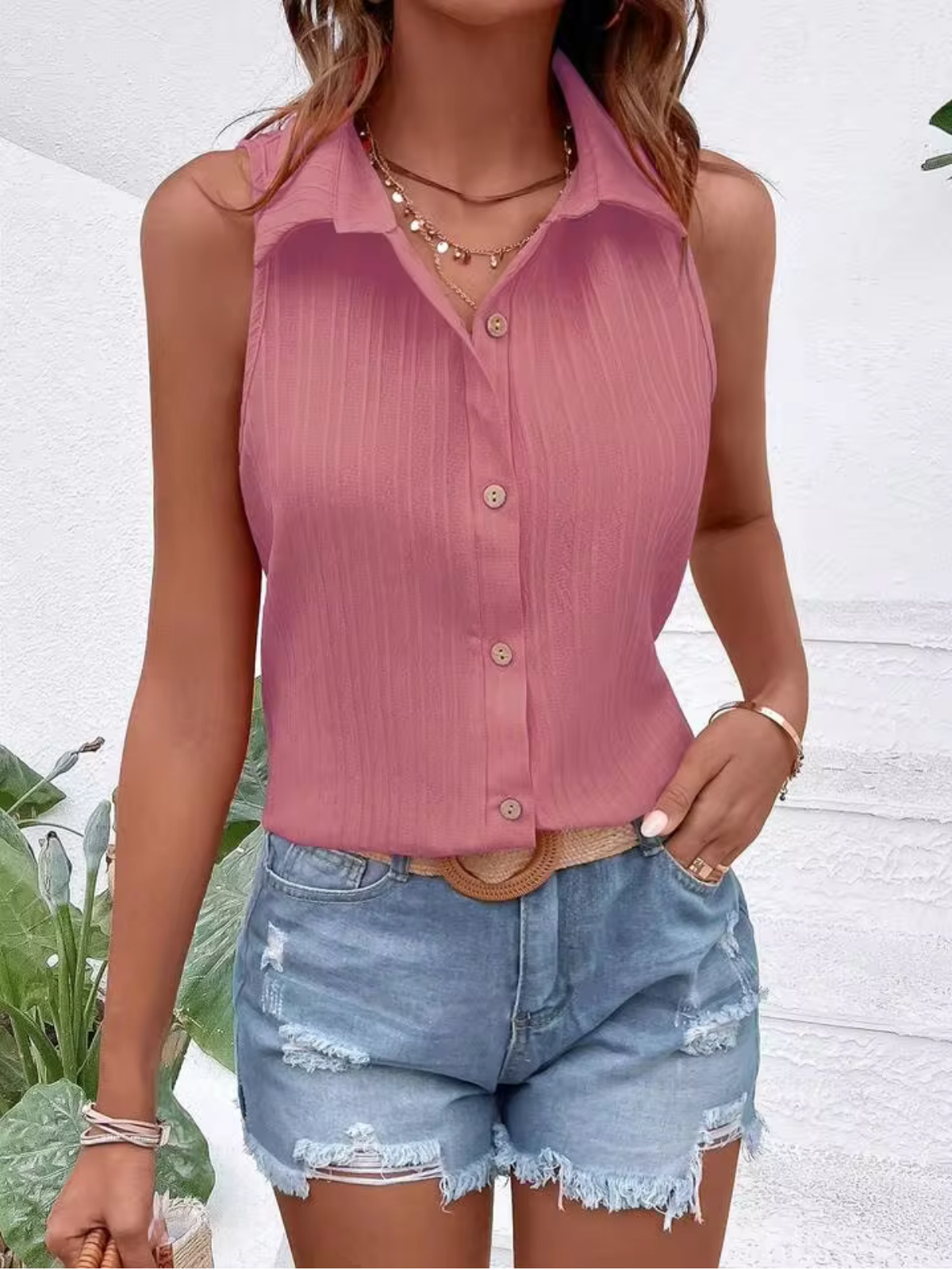 Dusty Rose Sleeveless Collared Button-Up Textured Blouse