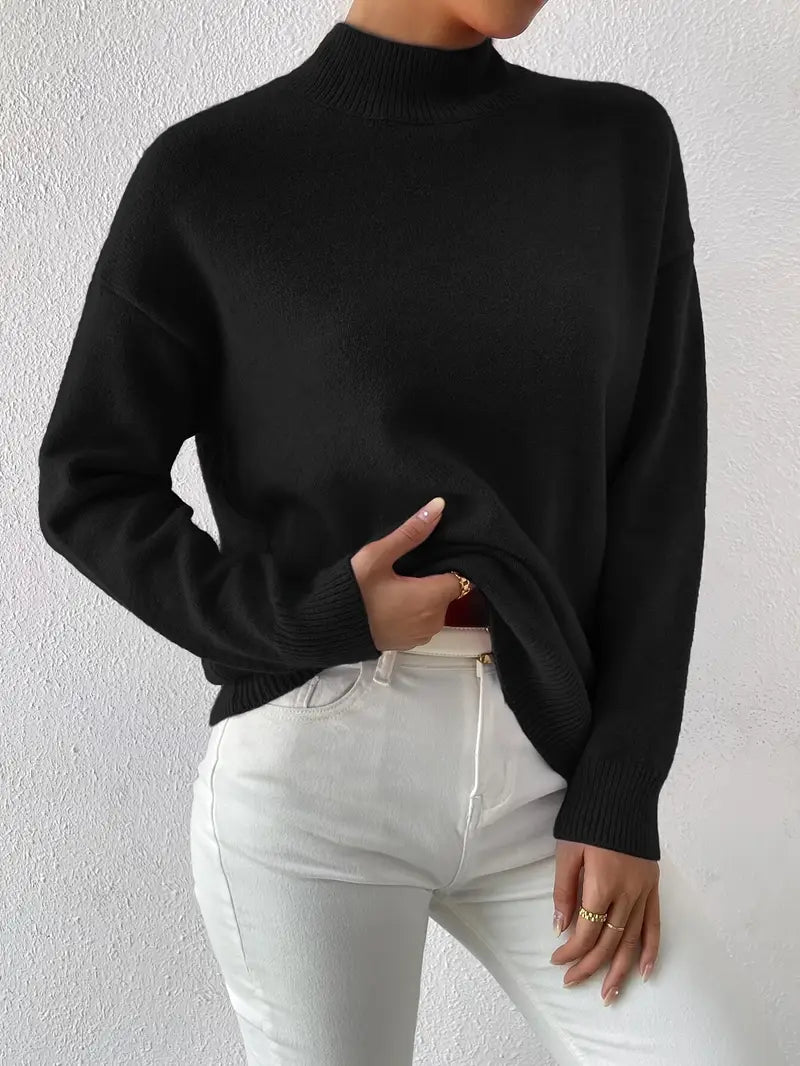 Half Turtleneck Solid Color Long Sleeve Knitted Sweater