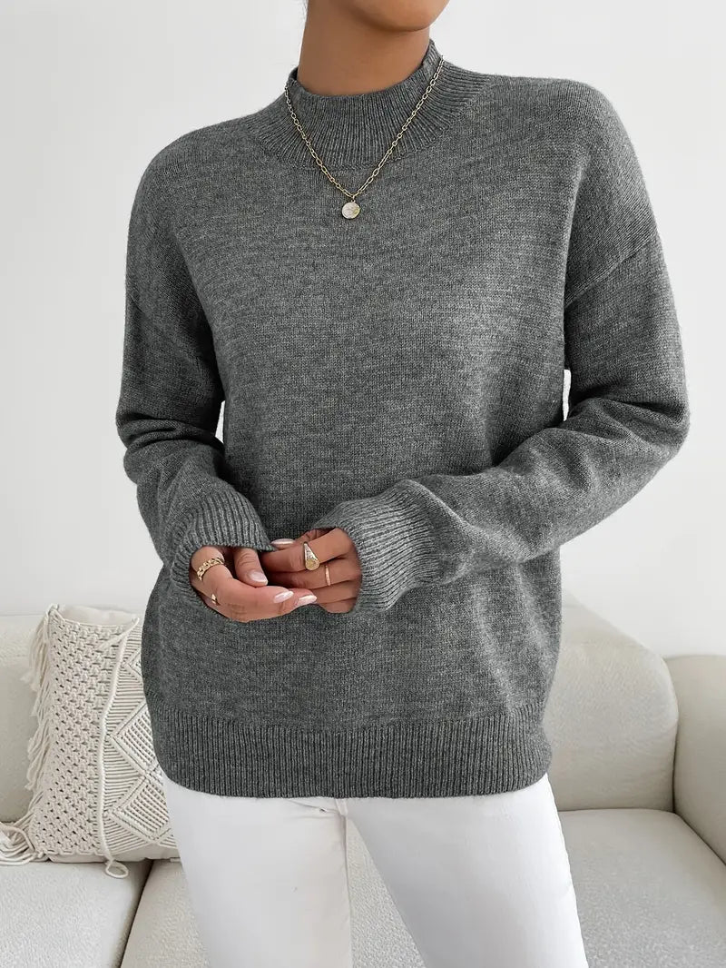 Half Turtleneck Solid Color Long Sleeve Knitted Sweater