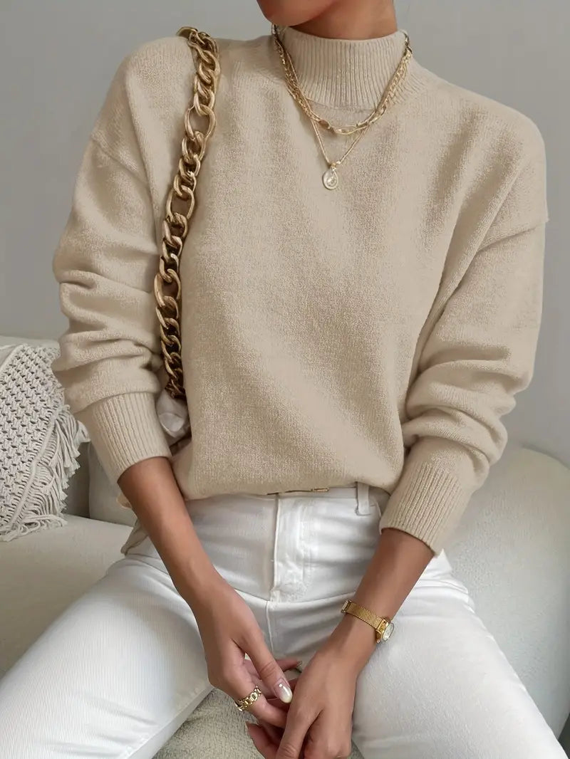 Half Turtleneck Solid Color Long Sleeve Knitted Sweater