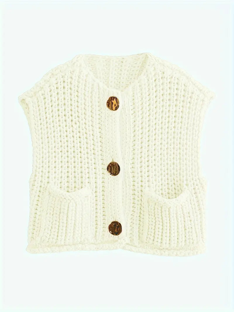 Pocket Sleeveless Short Knitted Cardigan Vest