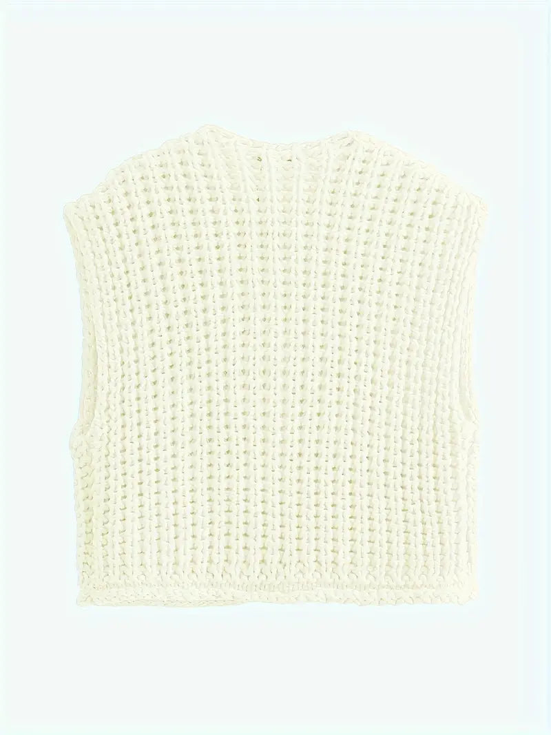 Pocket Sleeveless Short Knitted Cardigan Vest