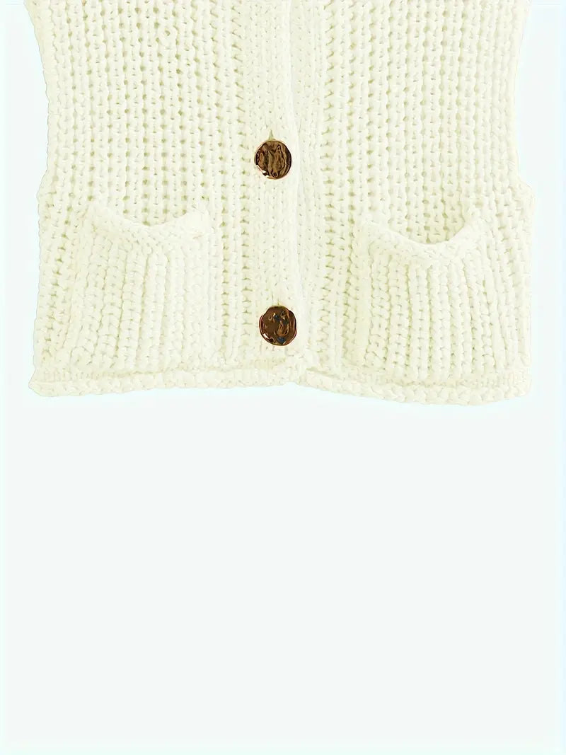 Pocket Sleeveless Short Knitted Cardigan Vest