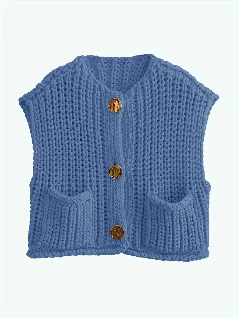 Pocket Sleeveless Short Knitted Cardigan Vest