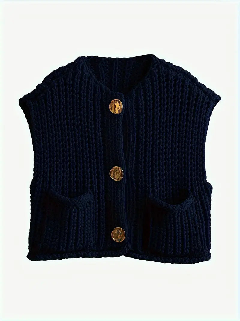 Pocket Sleeveless Short Knitted Cardigan Vest