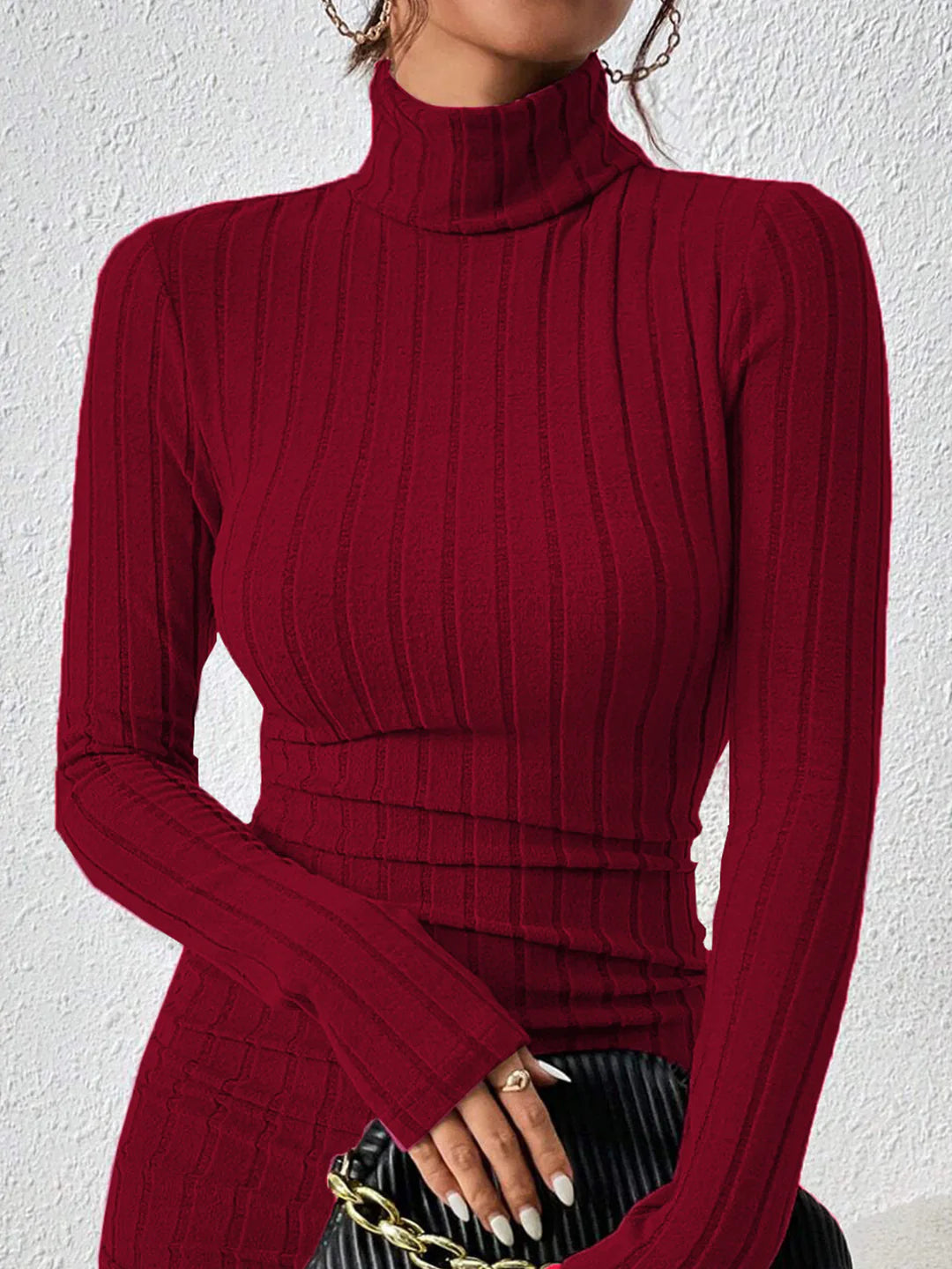 Mock Neck Hip-Covering Ribbed Dress