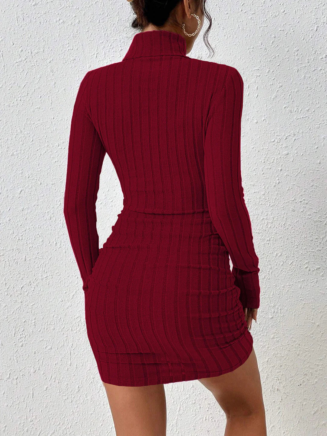 Mock Neck Hip-Covering Ribbed Dress