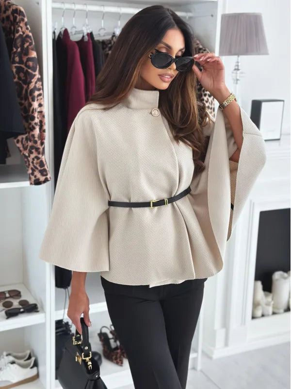 Stand Collar Cloak Top With Belt