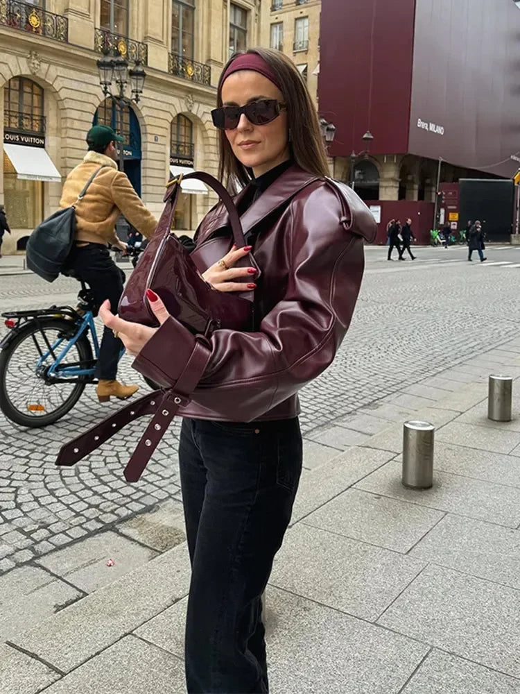 Burgundy Faux Leather Jacket - LA FEMME WANDERER