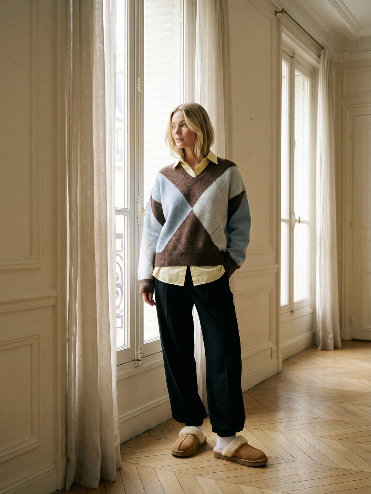 Diamond Grid Colorblock Knit Pullover