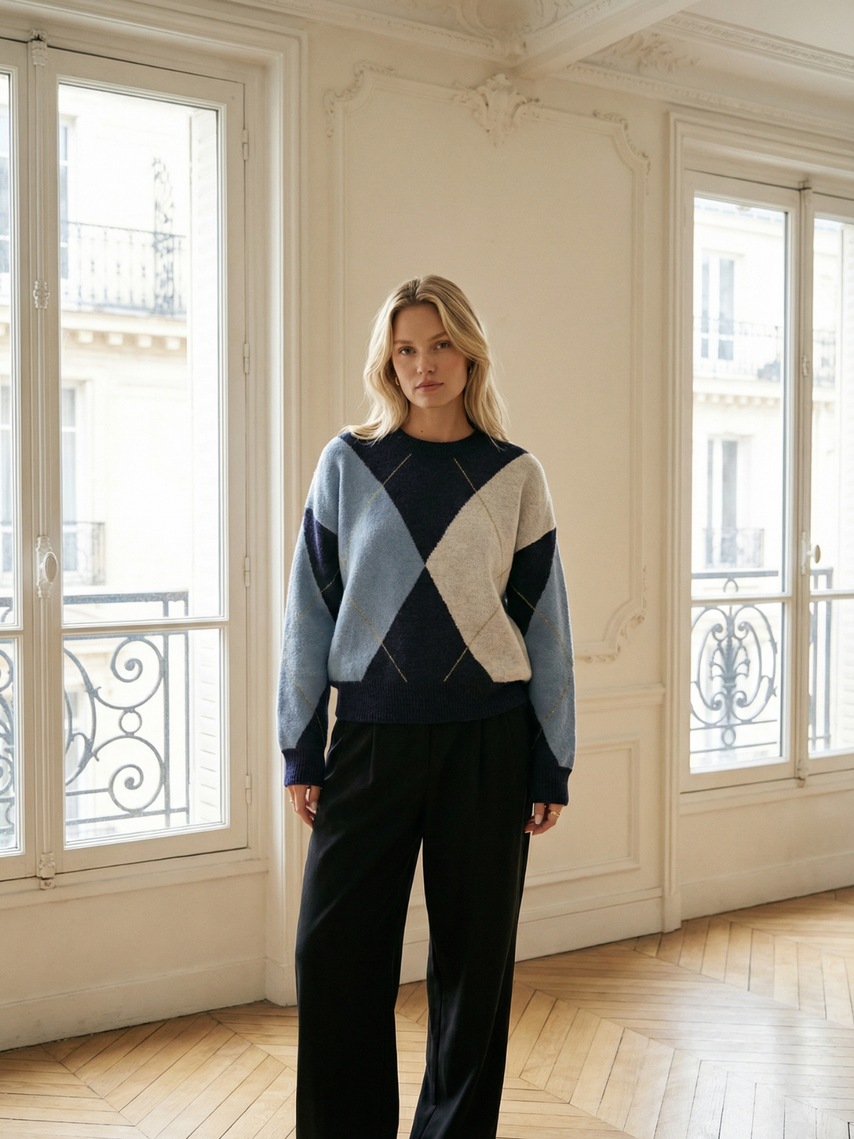 Diamond Grid Colorblock Knit Pullover