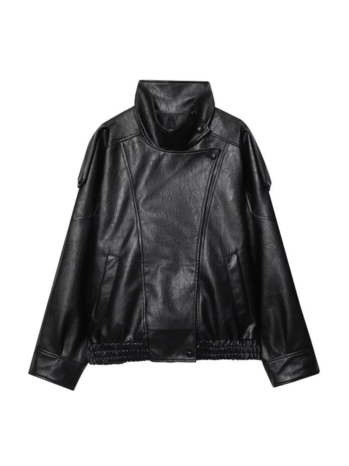 Faux Leather Bomber Jacket For Women Snap Button Office Coat Demi Season Style