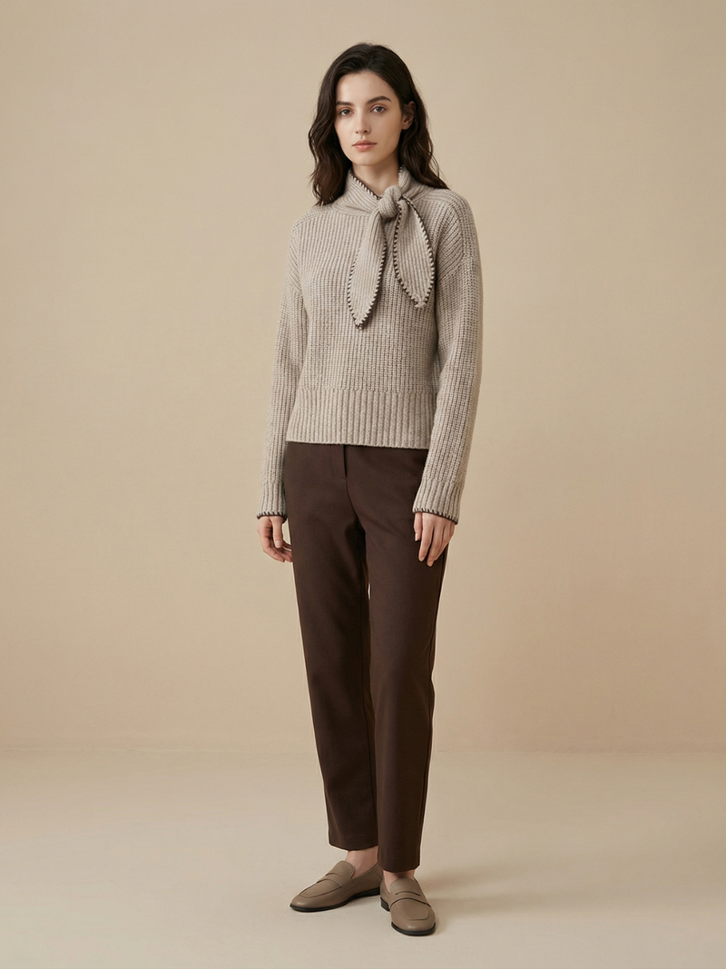 Bowknot High Neck Knit Pullover Long Sleeve