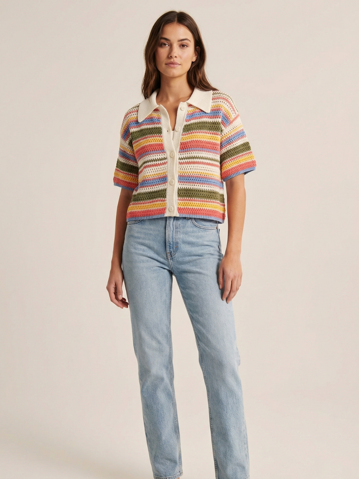 Womens Striped Crochet Knit Crop Top Polo Collar Button Up Short Sleeve Outerwear Chic Fashion