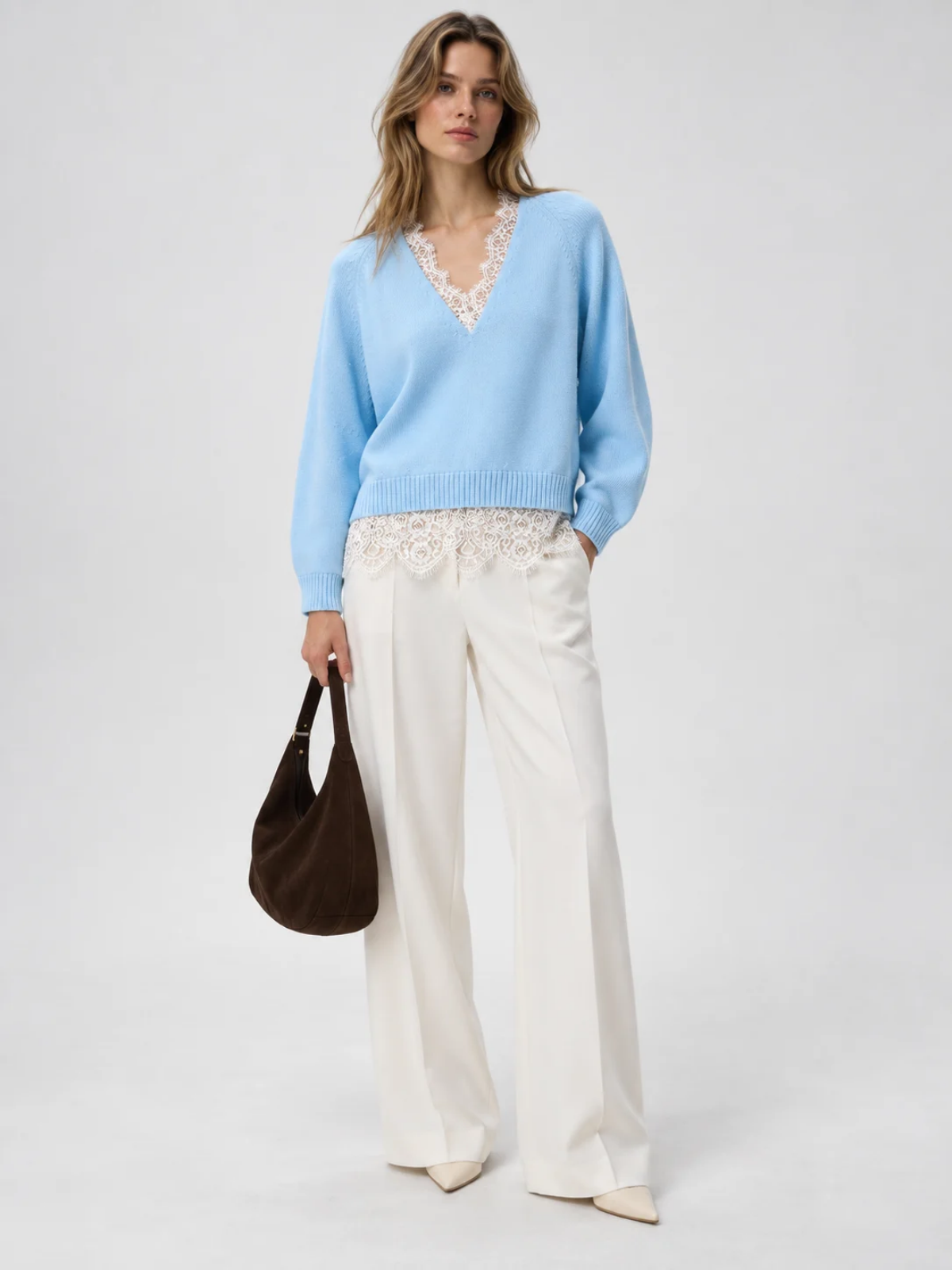 Lace Trim V-Neck Knit Sweater