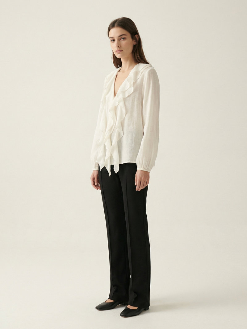 Always Chic V Neck Ruffle Sheer Blouse