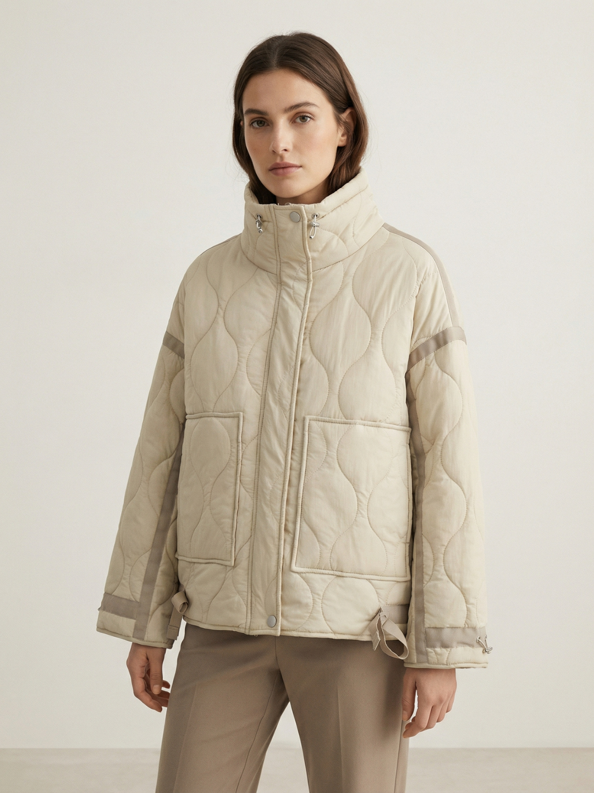 Quilted Bow Neck Jacket With Pockets