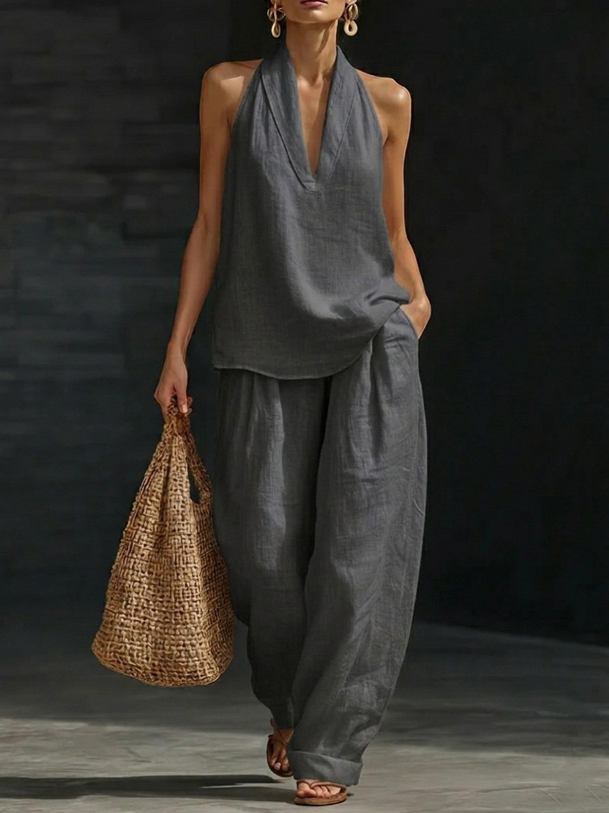 Elegant Style Halter Top & Wide-Leg Pants Co-Ord