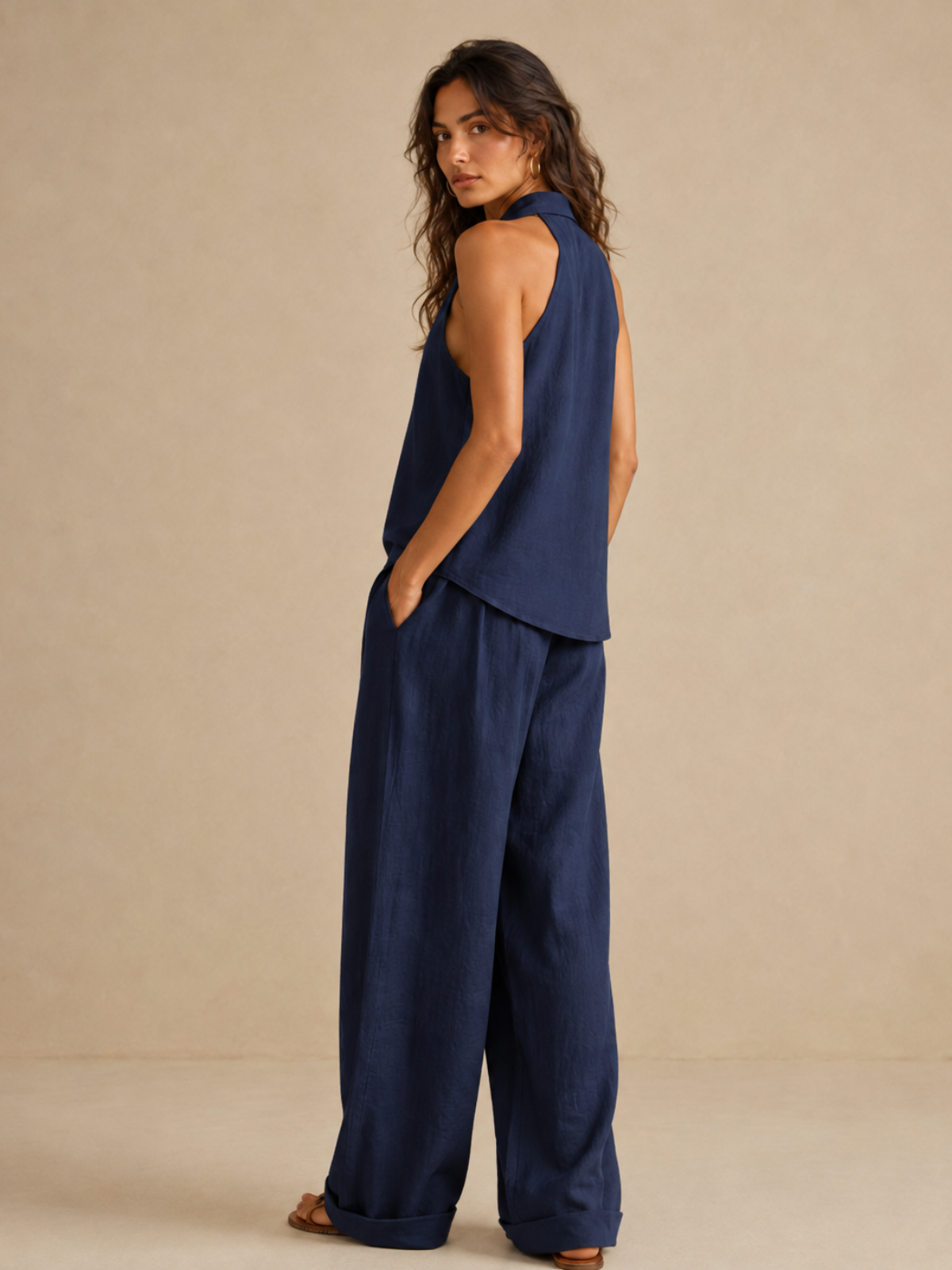 Elegant Style Halter Top & Wide-Leg Pants Co-Ord