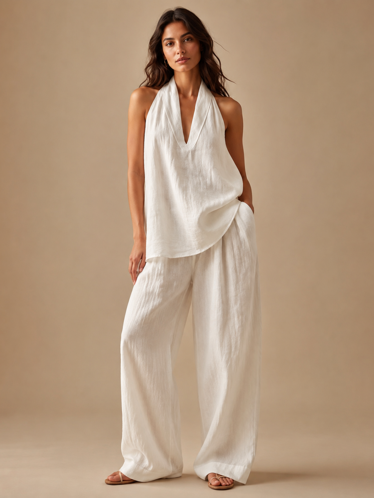 Elegant Style Halter Top & Wide-Leg Pants Co-Ord