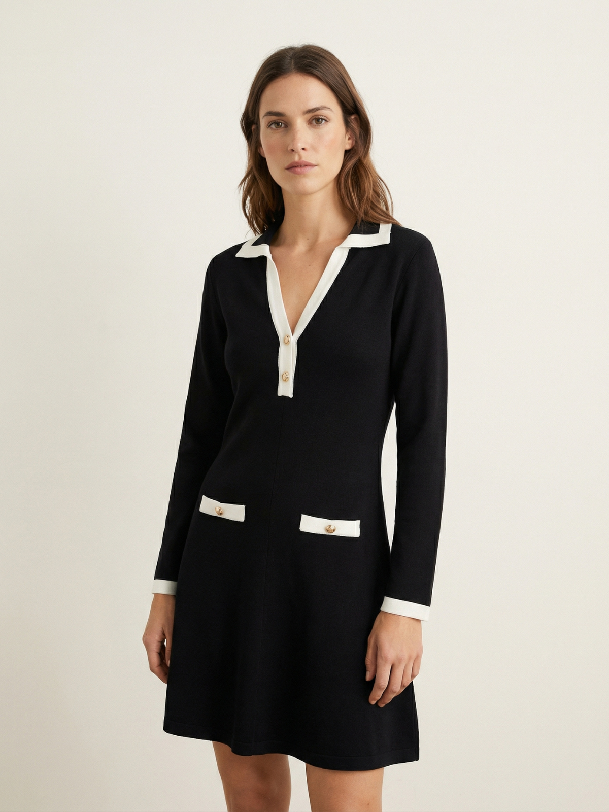Lapel Collar Knit A-line Dress
