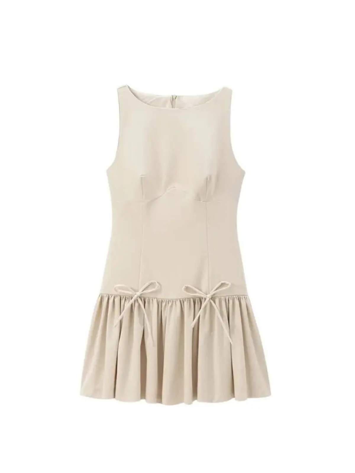 Womens Ruffled Mini Dress With Bows O Neck Sleeveless Back Zipper A Line Casual Chic Dress